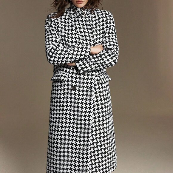 Black And White Elegant Women's Cinched Waist Houndstooth Jacket - Picture 6 of 8